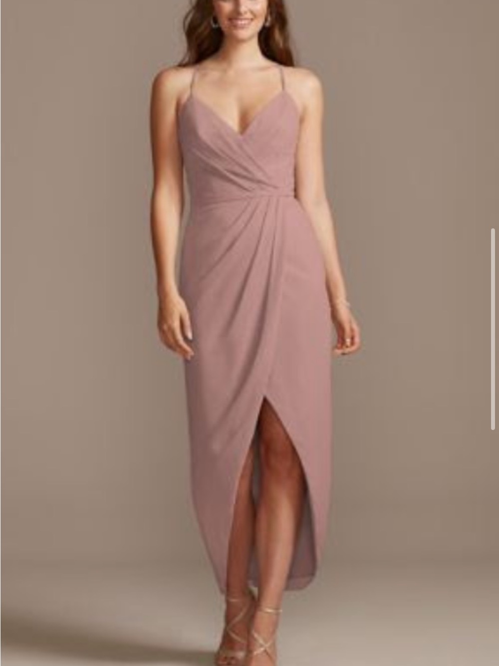 David's Bridal Dusty Rose Spaghetti Strap V‑Neck Midi Dress